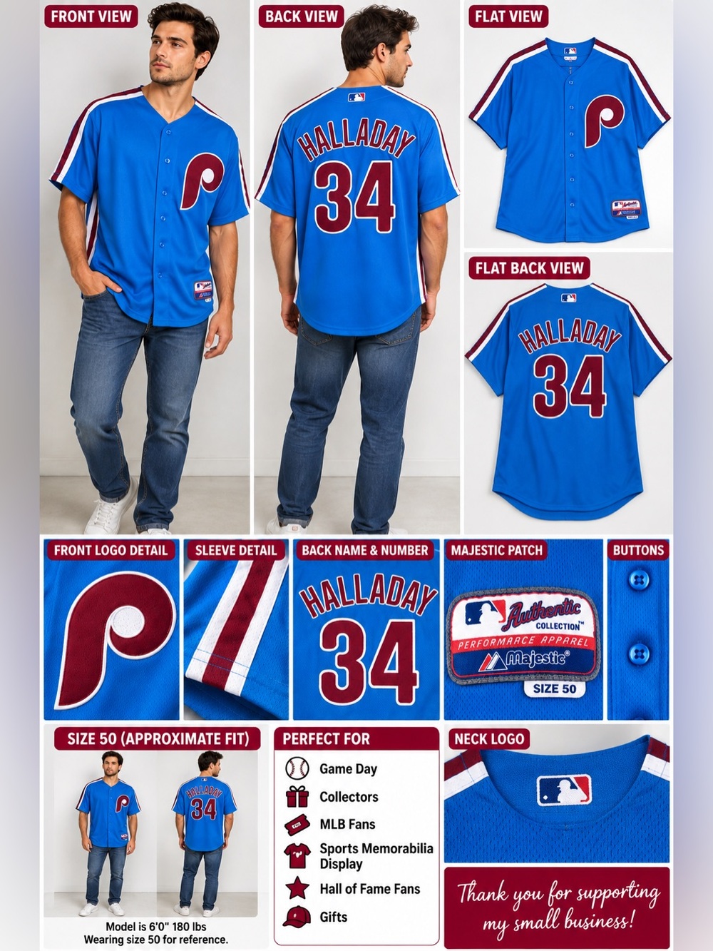 Roy Halladay #34 Philadelphia Phillies Majestic Authentic Jersey Size 50